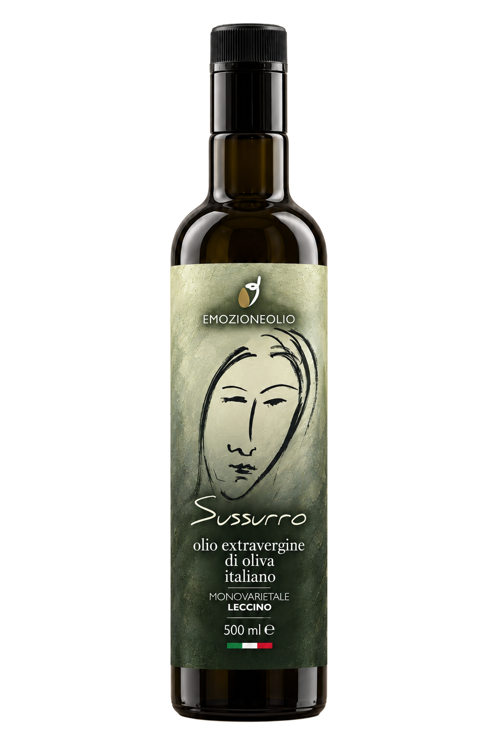 Sussurro, monovarietale Leccino da 500 ml, bottiglia in vetro scuro con etichetta verde